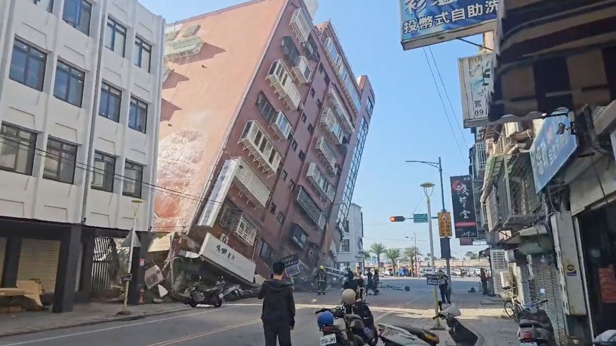 A partially collapsed building is seen in Hualien, eastern Taiwan