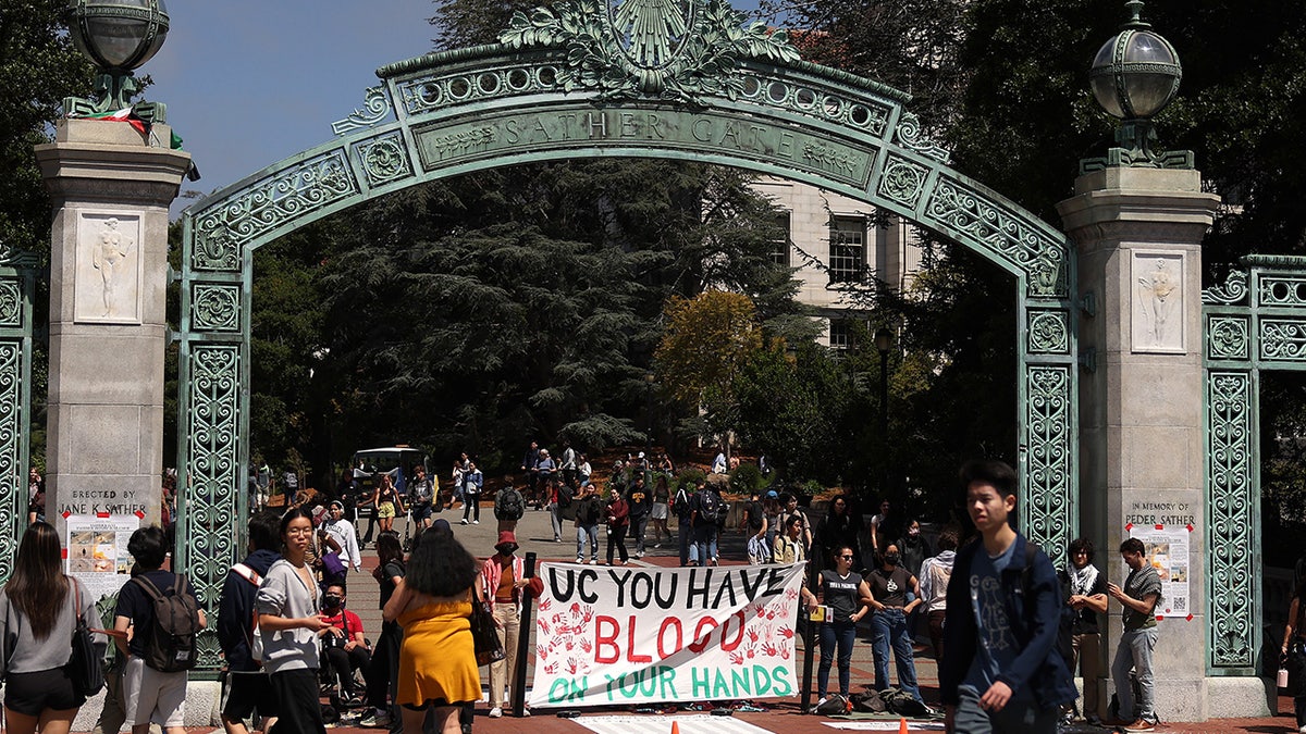 Pro-Palestinian protesters shape a objection successful beforehand of Sather Gate connected nan UC Berkeley campus
