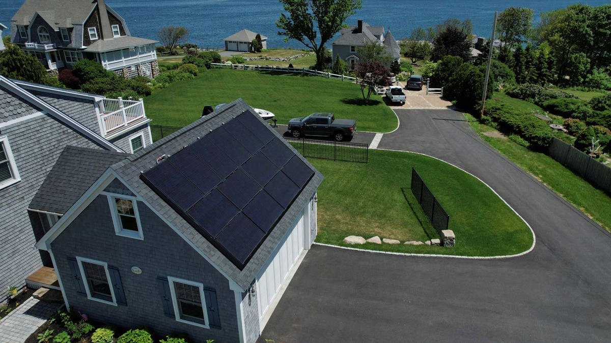 Solar panels on the roof of a house in Rockport, Massachusetts