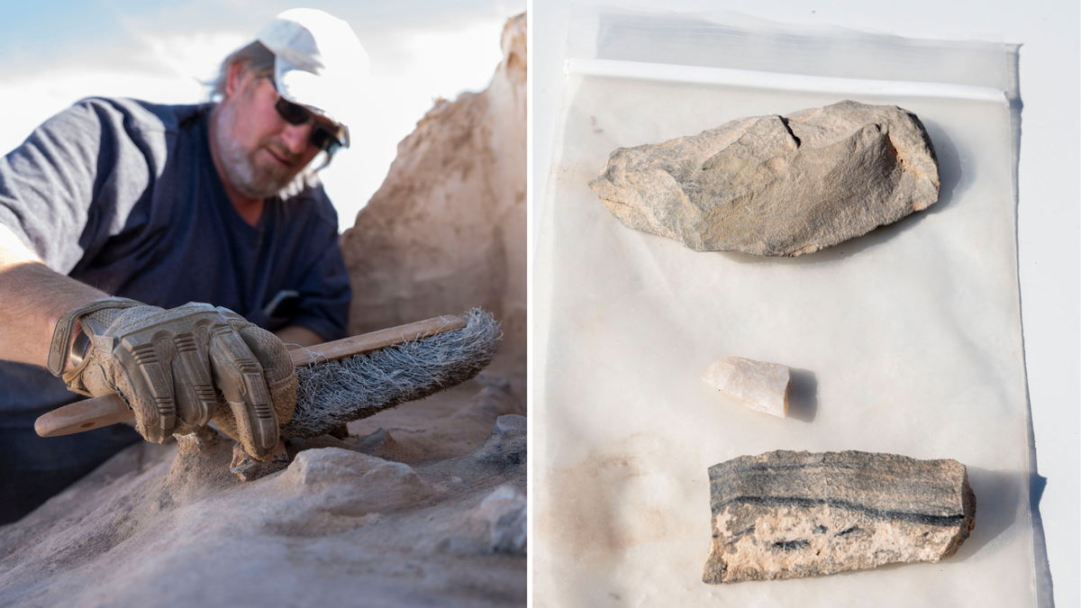 Split image of researcher and stones recovered