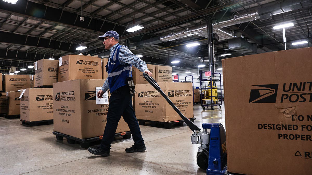 A worker pulls a cart at the United States Postal Service Processing and Distribution Center in Dulles, Virginia