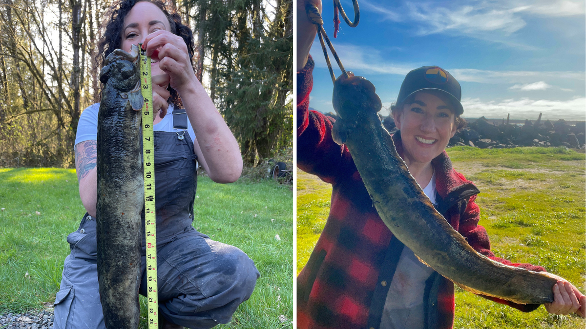 Split images of female smiling and holding fish