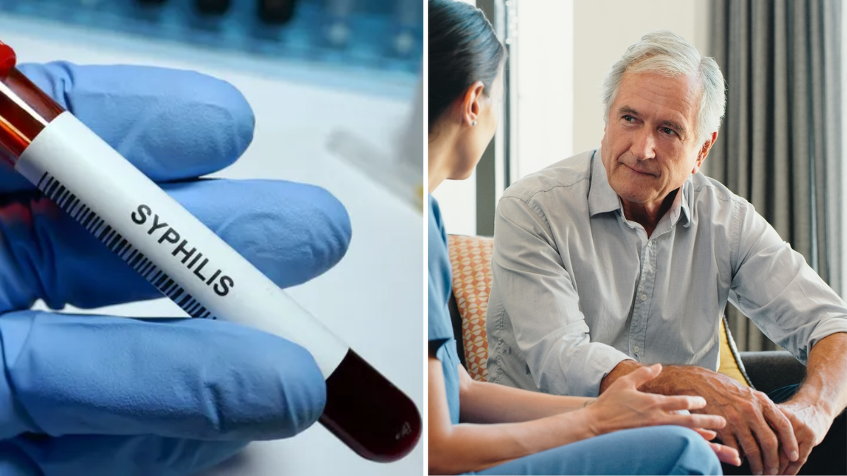 Split image of Hepatitis blood sample and Older man speaking with doctor