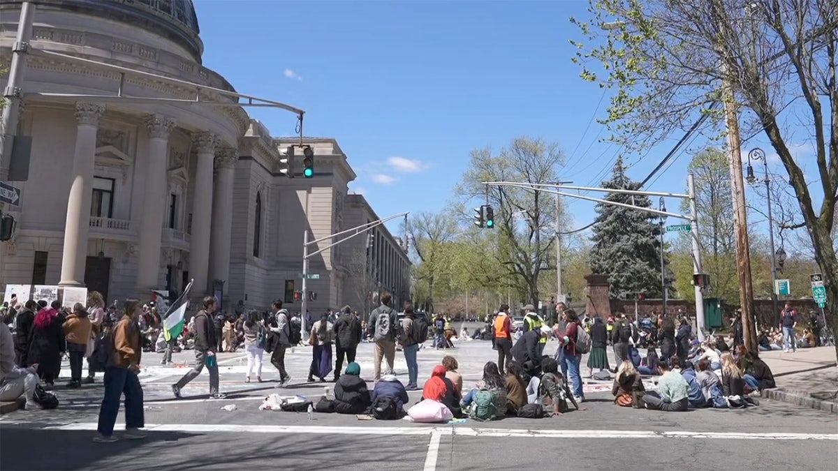 Anti-Israel agitators block roadways outside of Yale University in New Haven, Connecticut