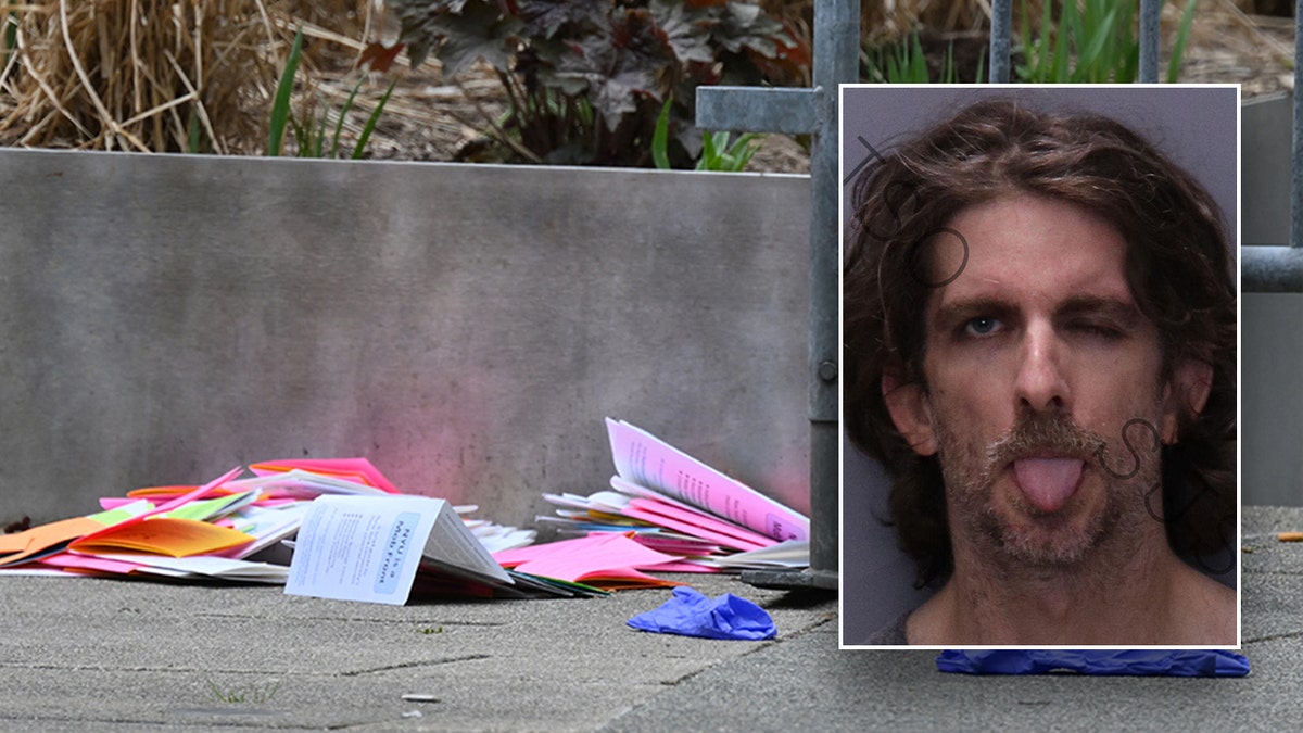 Mugshot of Maxwell Azzarello and pamphlets on the ground