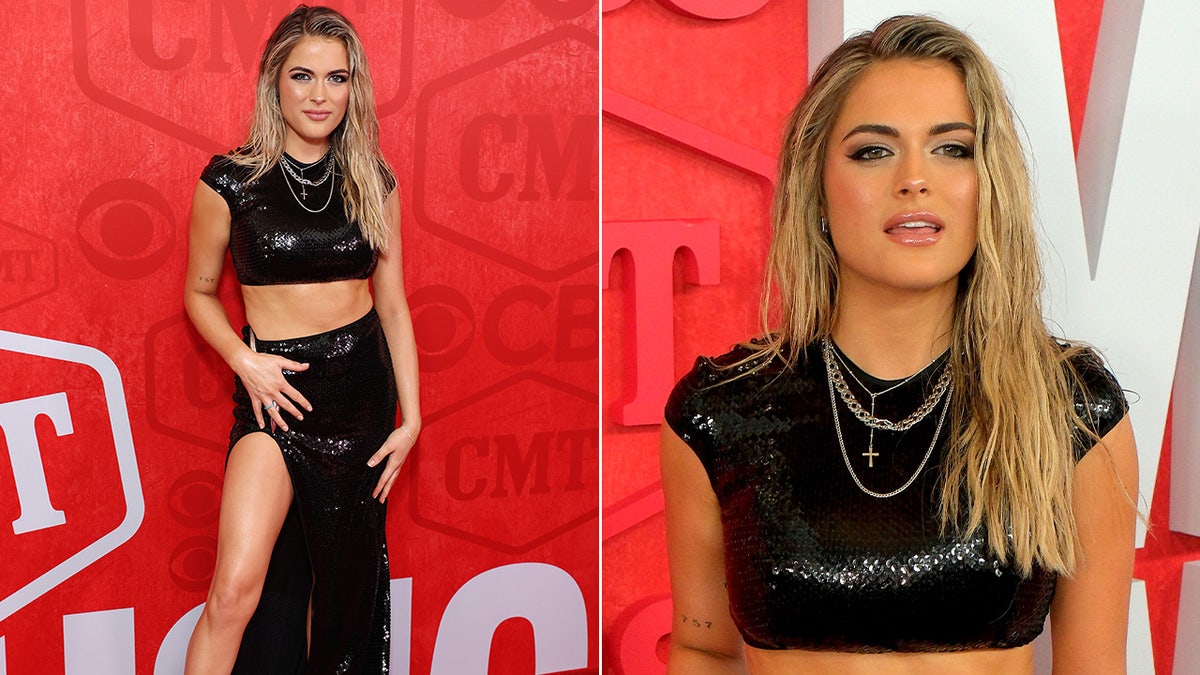 A photo of Alana Springsteen at the CMT Awards in a black crop top and matching skirt