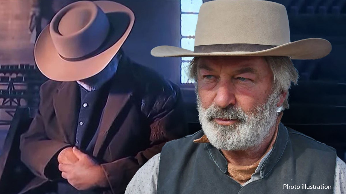 Alec Baldwin wears cowboy hat on set of Rust production during church scene in New Mexico