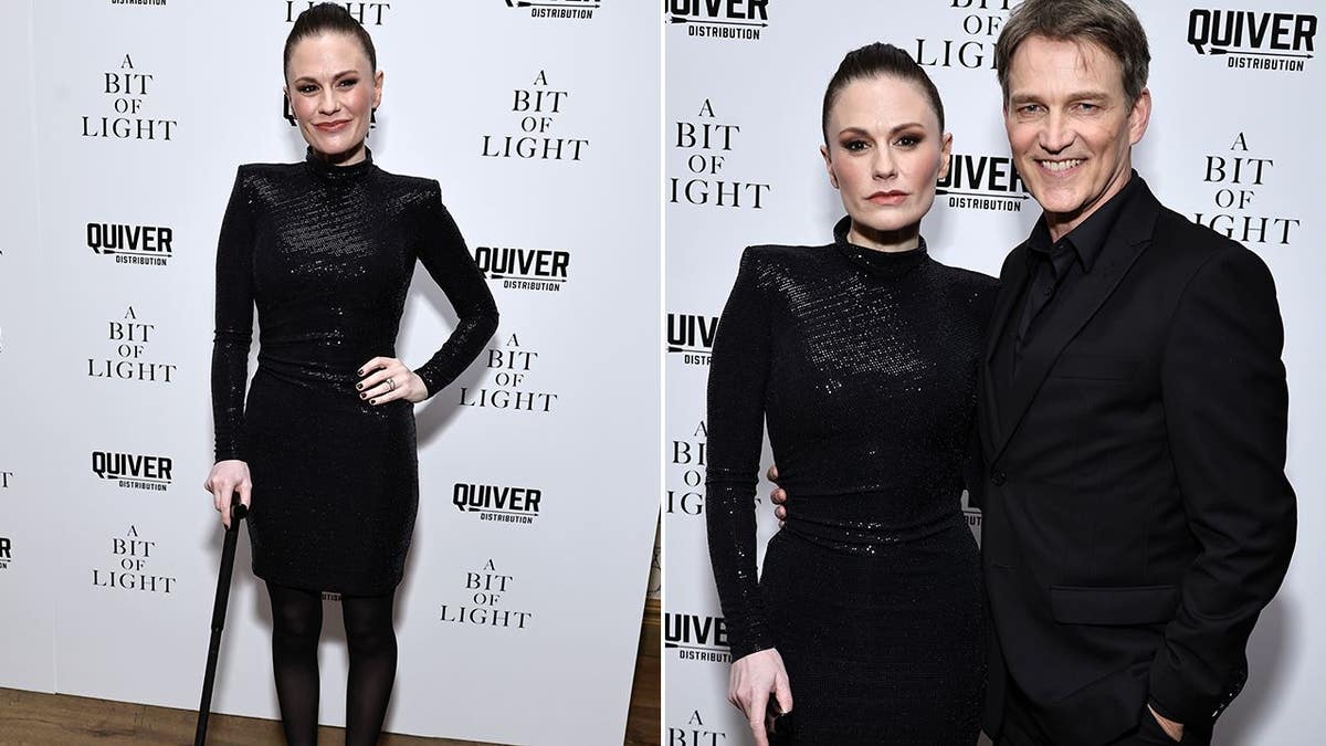 Anna Paquin using a cane at a premiere with Stephen Moyer