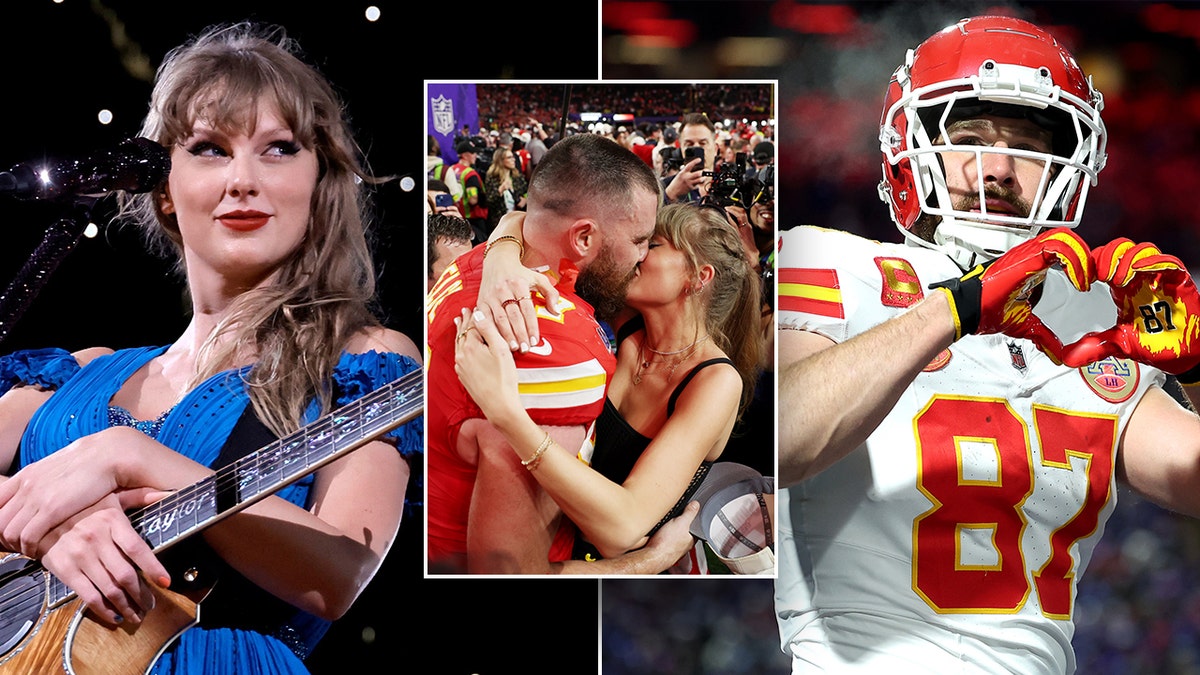 Taylor Swift olha para a esquerda em um vestido azul enquanto está no palco. Insira uma foto de Taylor Swift e Travis Kelce se beijando no campo de futebol. À direita, uma foto de Travis Kelce em sua camisa branca do Chiefs fazendo um coração com as mãos