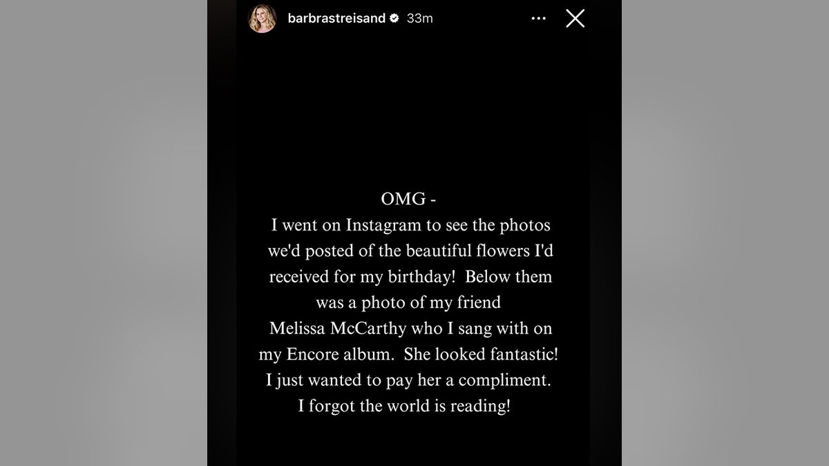 Screenshot of Barbra Streisand's Instagram story
