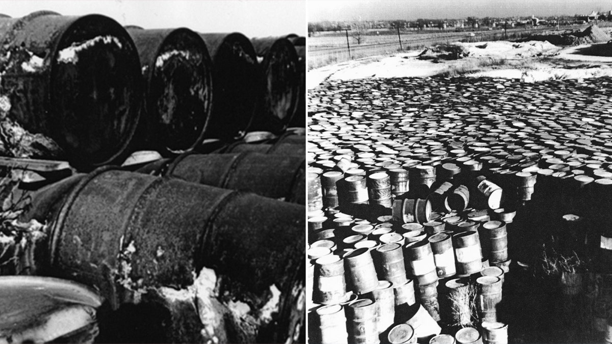 old photos of massive amount of chemical barrels