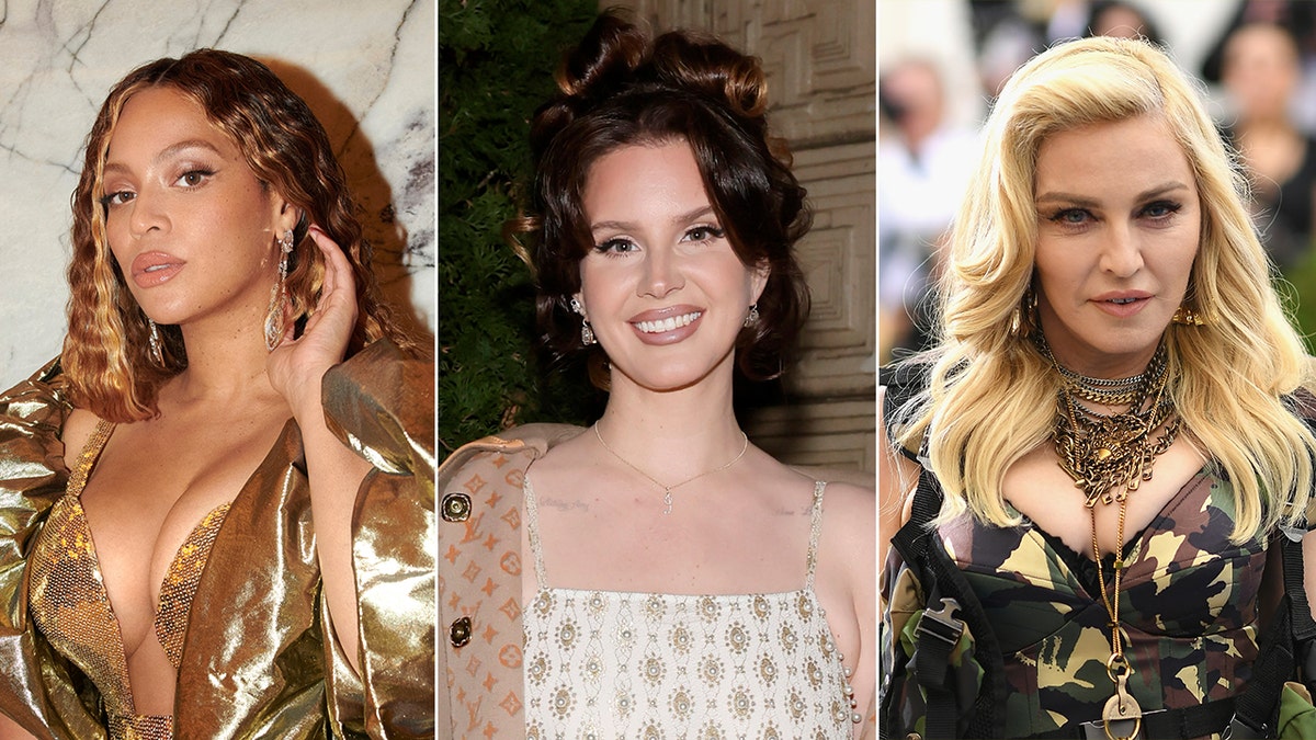 Beyoncé poses in a gold sequined top and gold jacket split Lana Del Rey in a white dress and Louis Vuitton coat split Madonna on the Met Gala carpet