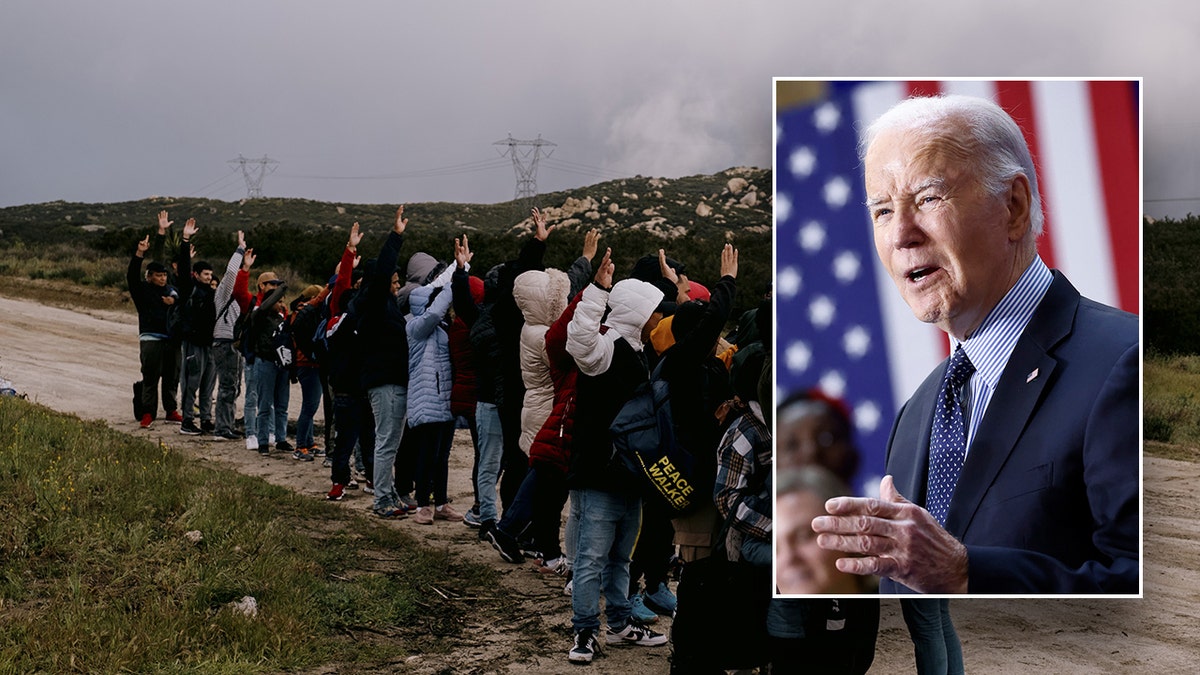 Biden overlaid on image of border crossers in California