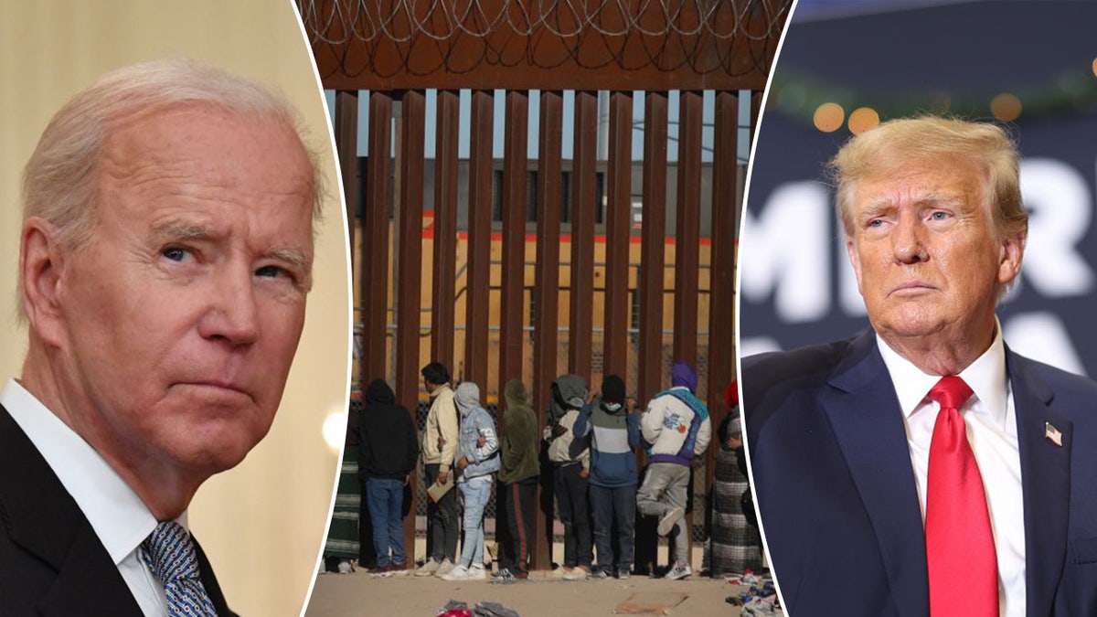 Biden, left; border wall with migrants, center; Trump right