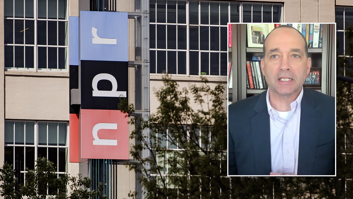 An inset image of House Freedom Caucus Chairman Bob Good complete an image of NPR headquarters