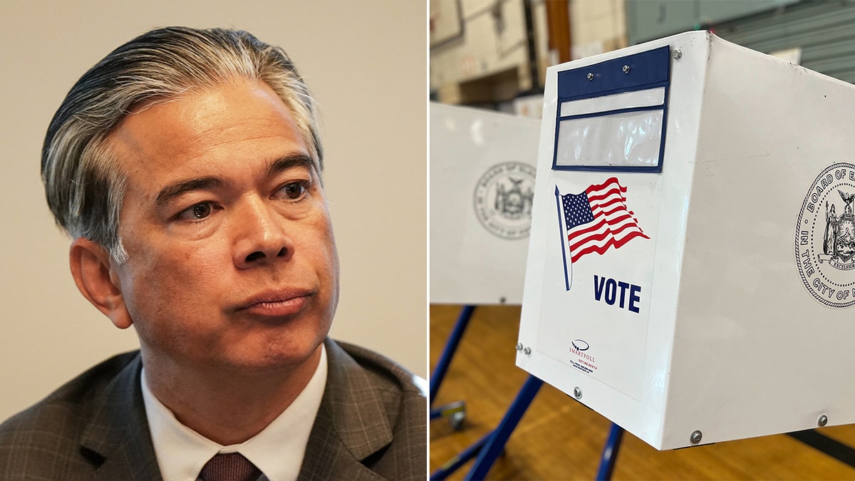 left: Rob Bonta, California's attorney general; right: voting booth