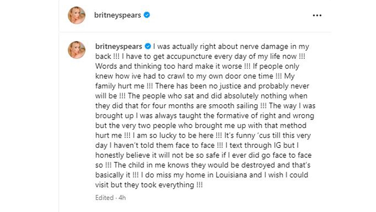 Britney Spears claims her family wounded her and she's doubtful justness will ever beryllium served.