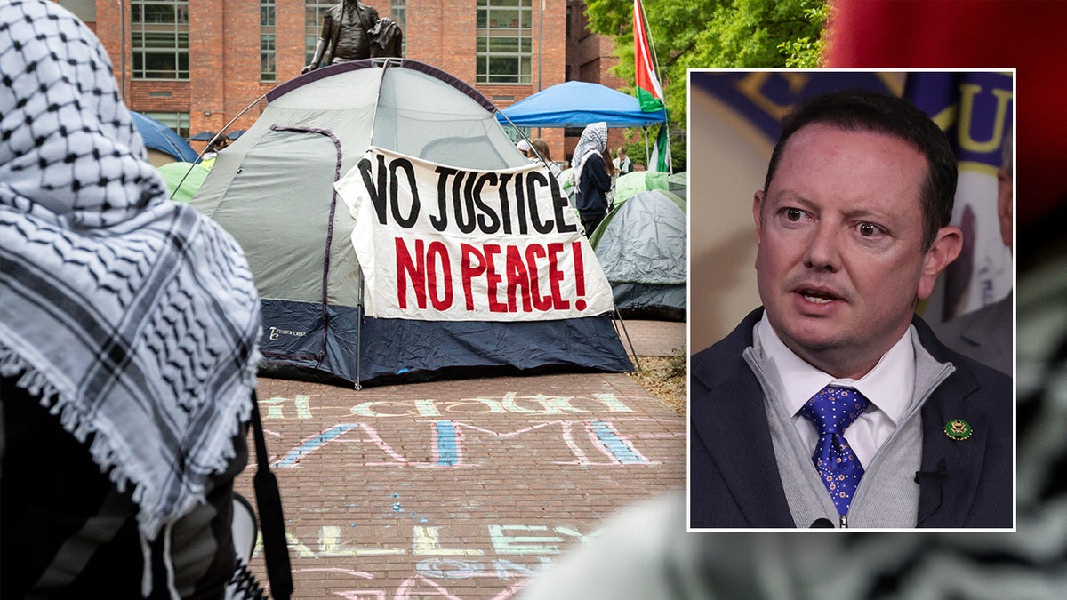 An inset of Rep. Eric Burlison over a scene from the Columbia University tent encampment. The tent in the picture says "No Justice, No Peace!"