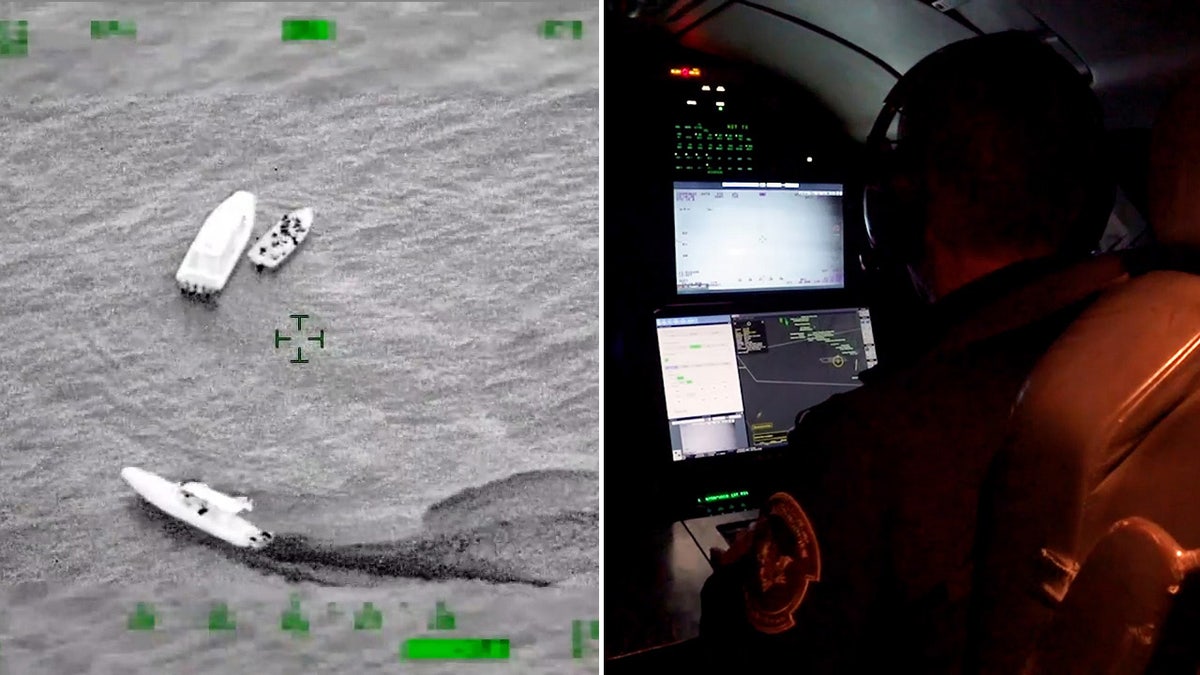 Infrared shot of boats in water, split with image of agent looking at screens in airplane