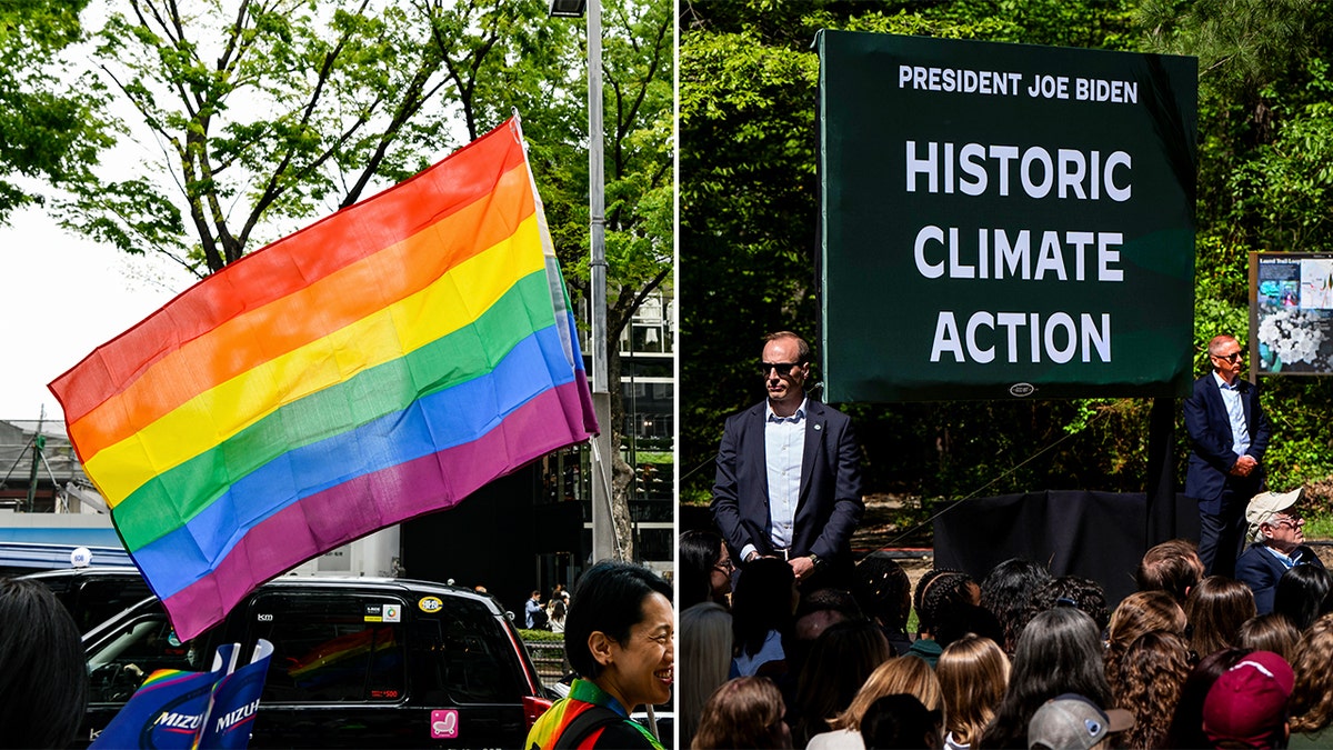rainbow-colored Pride flag, left; climate change rally, right