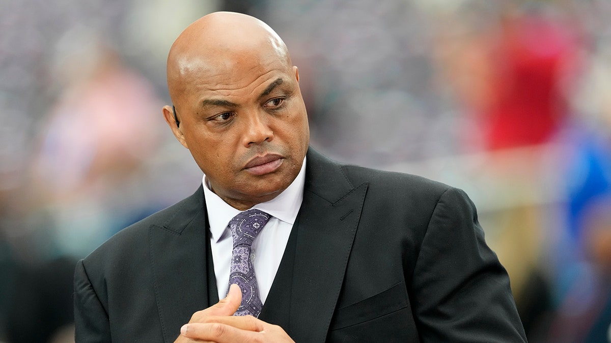 TNT basketball analyst Charles Barkley on air before the NCAA Mens Basketball Tournament Final Four semifinal game between the Purdue Boilermakers and the North Carolina State Wolfpack at State Farm Stadium on April 6, 2024, in Glendale, Arizona. 