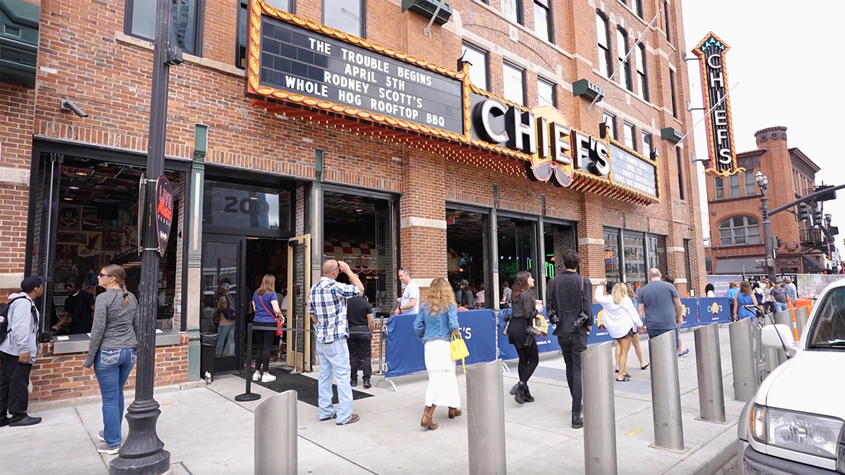 Outside footage of Chiefs Bar on Broadway in Nashville, Tennessee