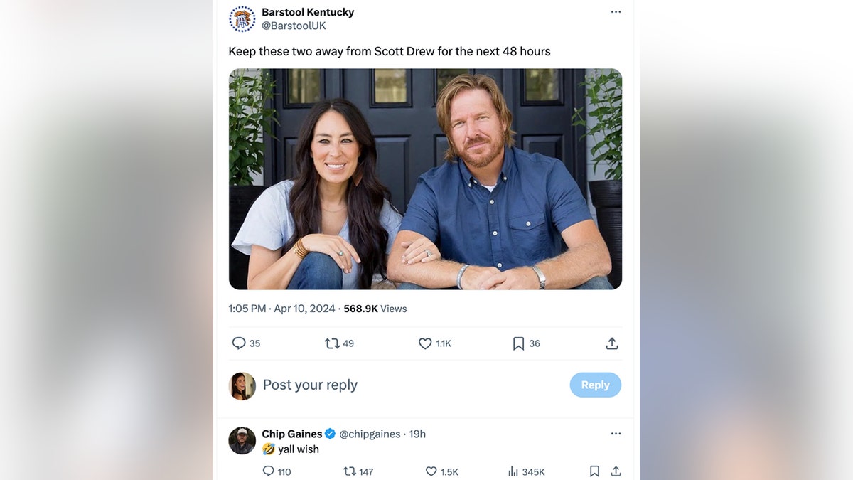 Picture of Chip and Joanna Gaines sitting and smiling used in a tweet by Barstool Kentucky