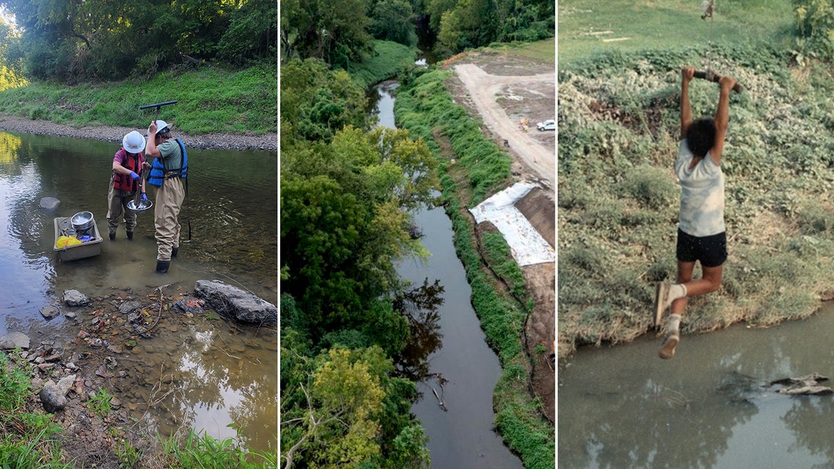 split photos of officials testing a creek, nan creek from an aerial view, children playing and swinging into creek