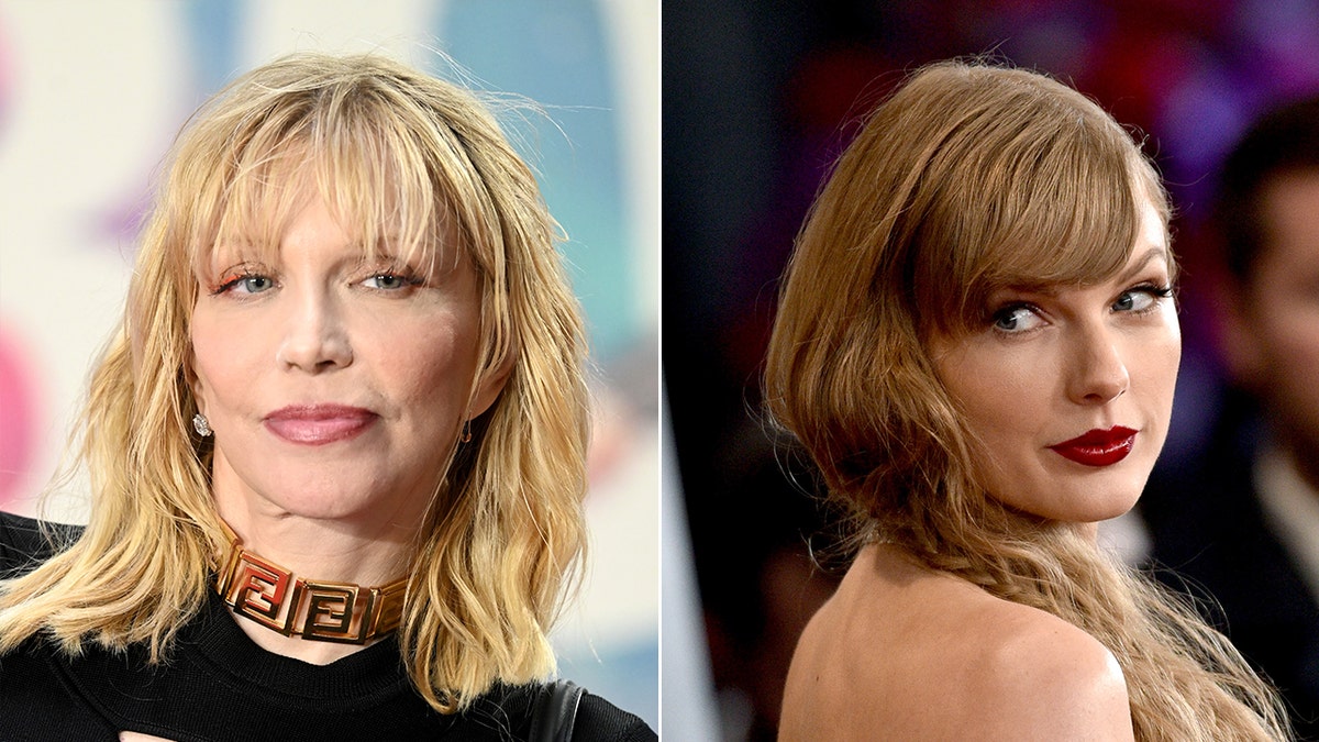 Courtney Love in black with a gold choker looks to her left Taylor Swift looks over her shoulder with a dark red lip at the Grammys carpet