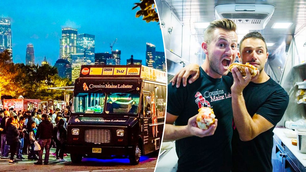 split of food truck with line and two men inside a food truck eating a lobster roll