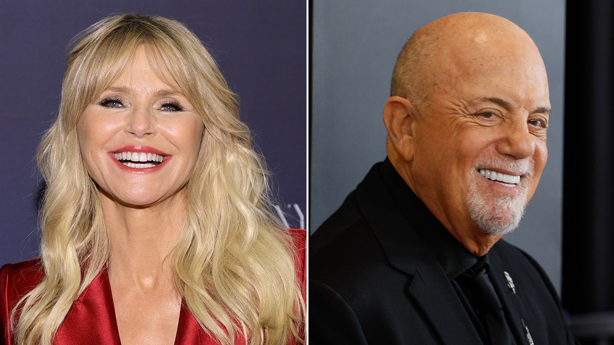 Christie Brinkley in a red smiles on the carpet split Billy Joel looks slightly over his shoulder back at the camera on the carpet