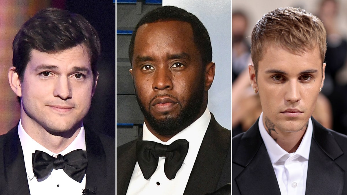 Ashton Kutcher, Diddy and Justin Bieber wear black suits.