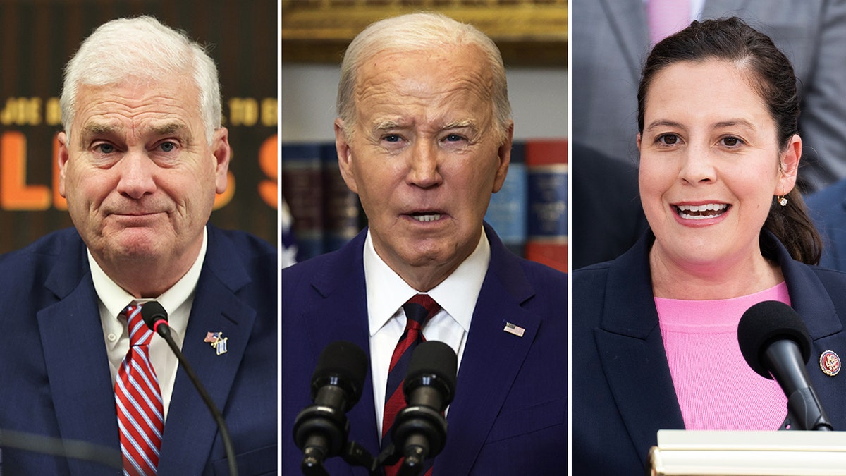 A three-way split image of House Majority Whip Tom Emmer, President Biden, and House GOP Conference Chair Elise Stefanik