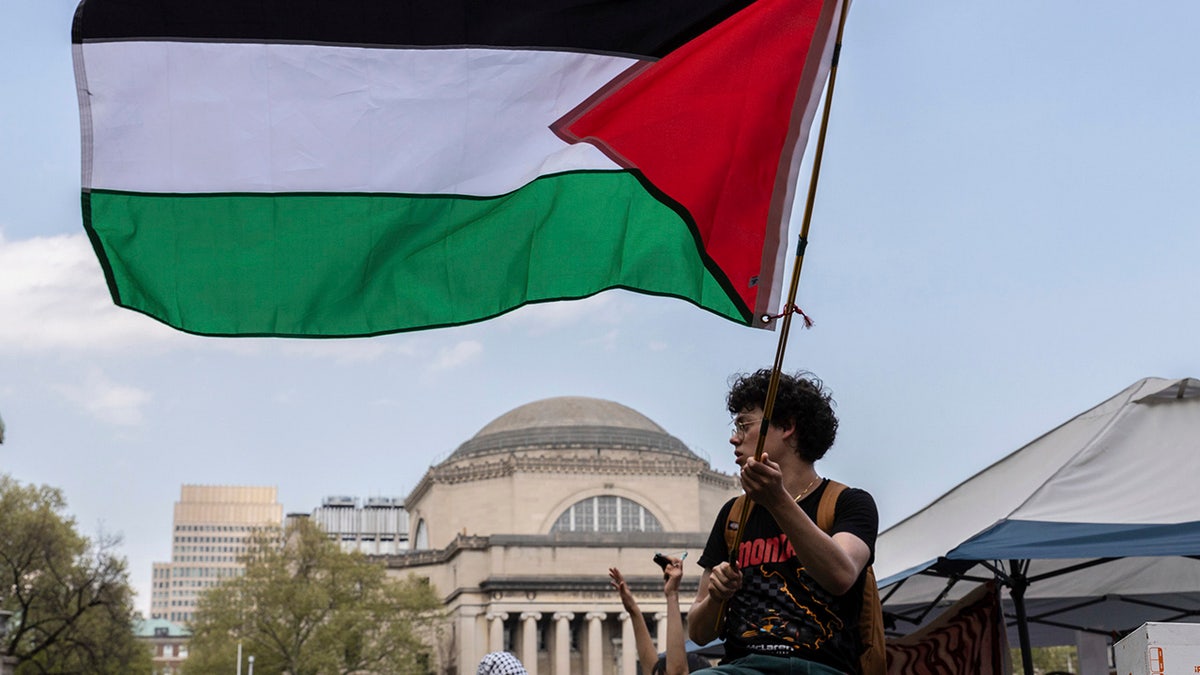 A student protester waves a large Palestinian flag at their encampment on the Columbia University campus
