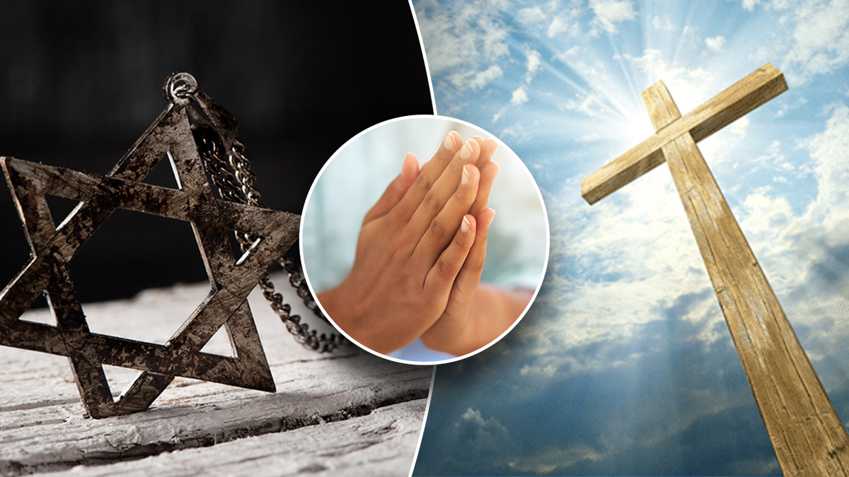 Jewish star, praying hands, cross