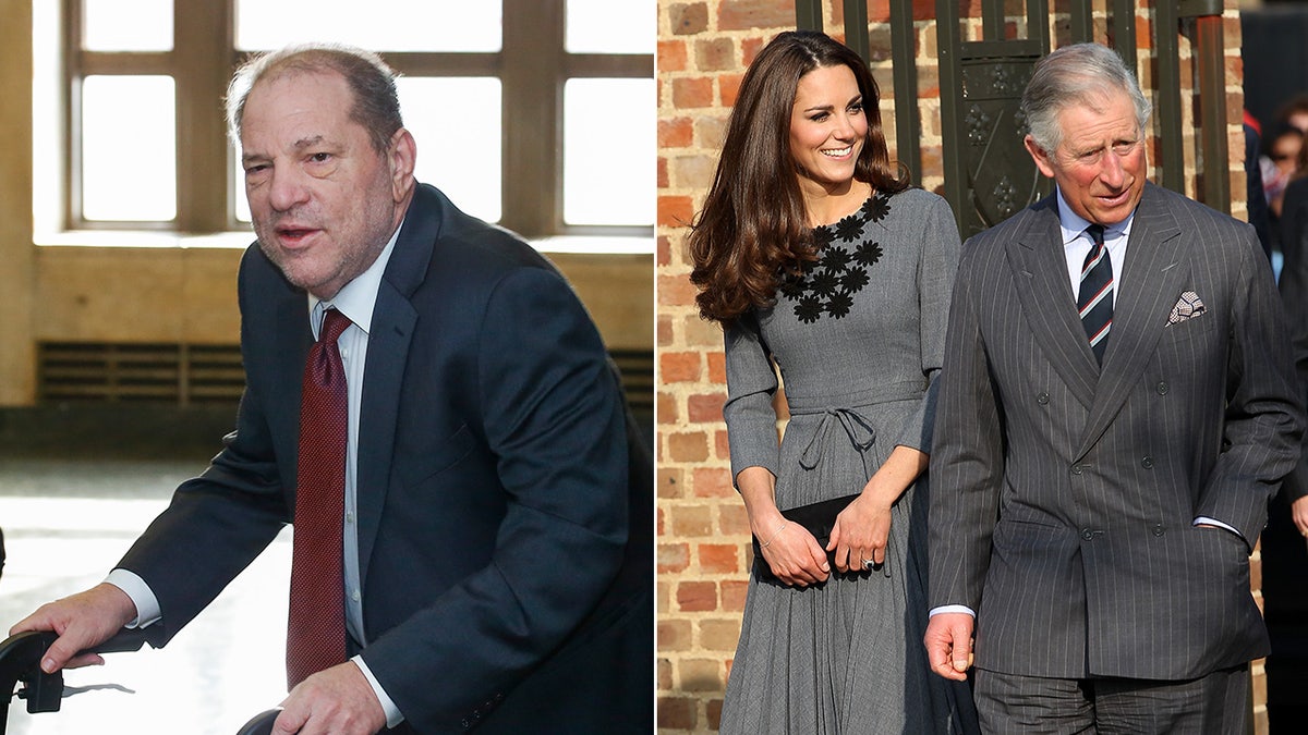 A divided image of Harvey Weinstein and Kate Middleton pinch King Charles