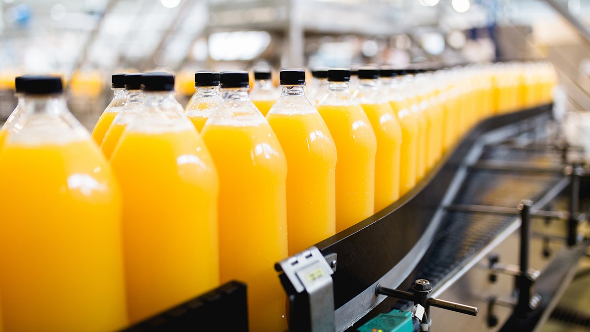 bir fabrikada şişelenmiş portakal suyu