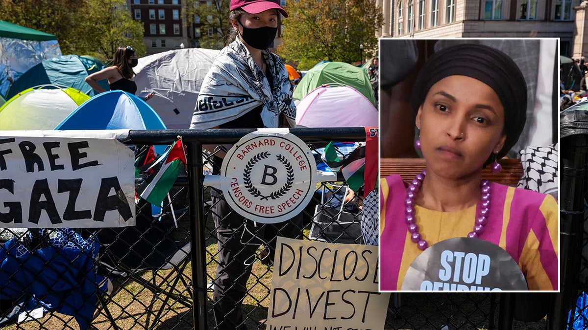 An image of Rep. Ilhan Omar against a inheritance of a student astatine Columbia University's Gaza ceasefire shelter encampment