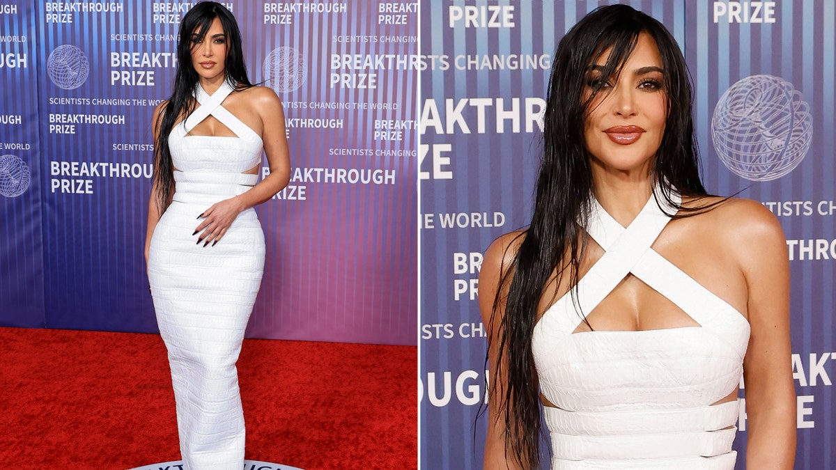 Kim Kardashian de branco no tapete vermelho