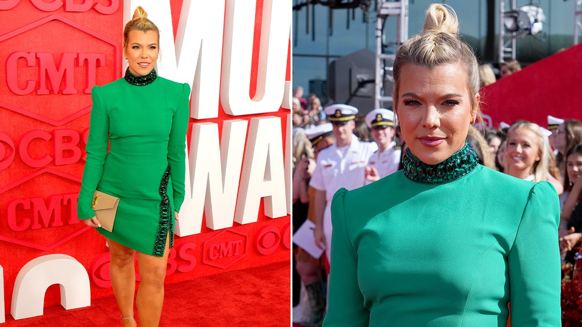 A photo of Kimberly Perry in a short green dress