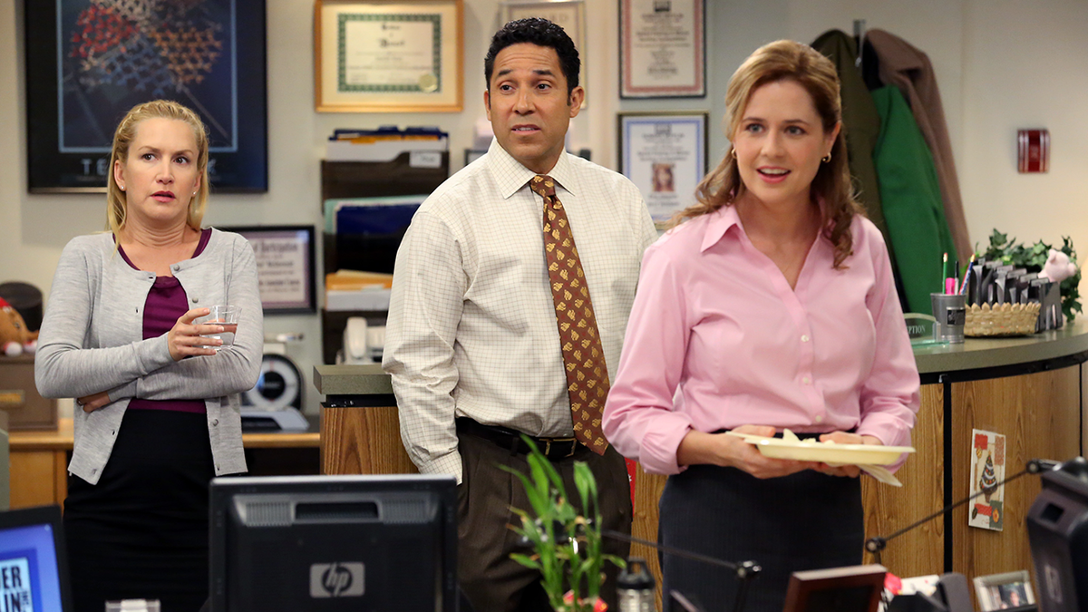 The Office screenshot of Angela, Oscar and Pam