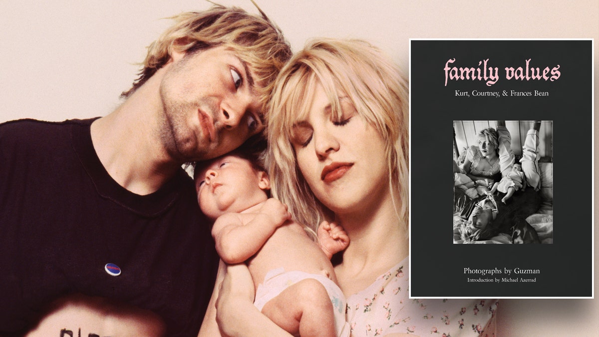 Courtney Love e Kurt Cobain segurando seu bebê Francis, com inserção de capa de livro.