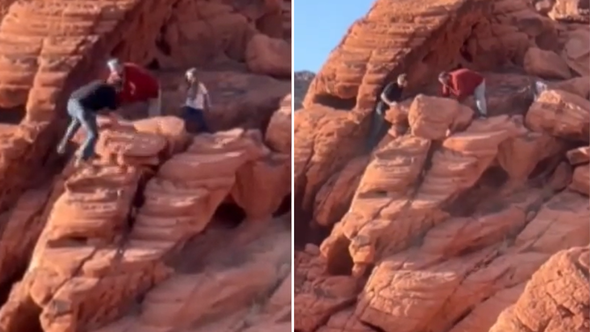 Split image of men pushing down rocks while little girl watches