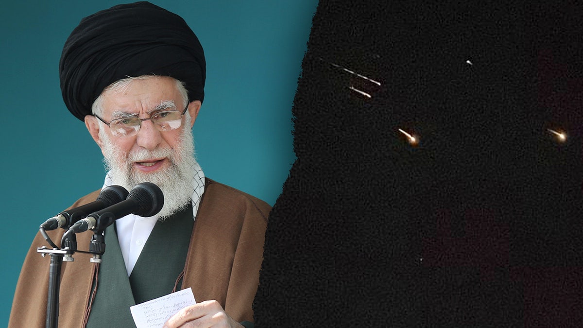 A split image of Iran Supreme Leader Khamenei and his country's rocket attack against Israel