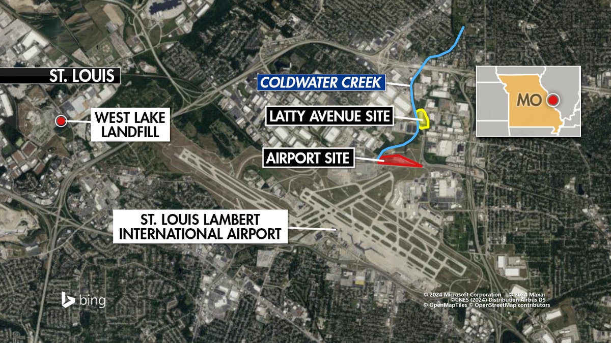 Map highlighting the St. Louis airport, coldwater creek, west lake landfill