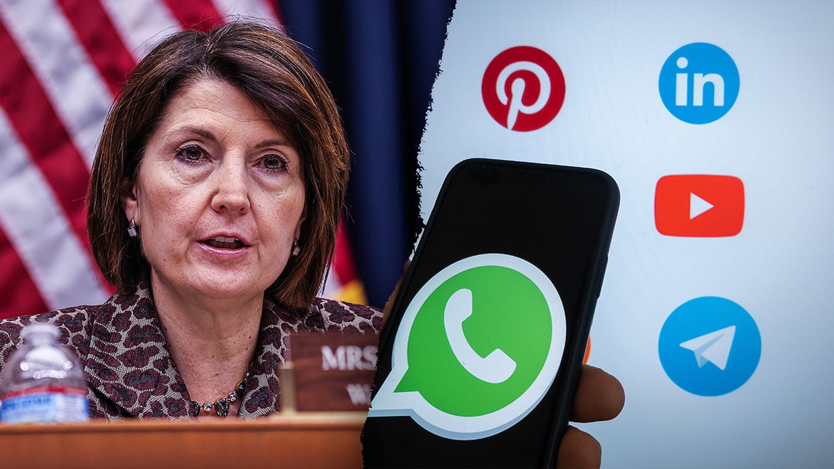 A divided image of Republican House Representative Cathy McMorris Rodgers and a telephone pinch various societal media apps displayed