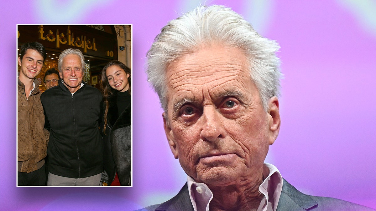Michael Douglas in a grey suit looks up slightly inset a photo of Michael with his younger two children Dylan and Carys