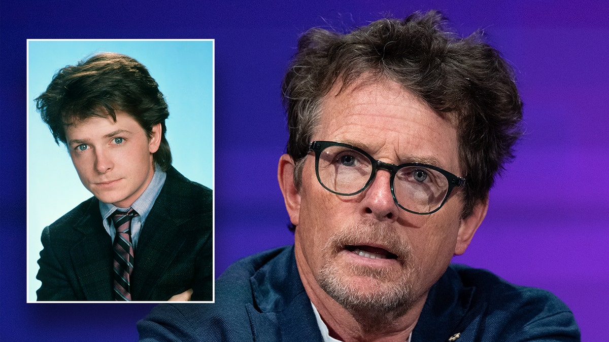 Michael J. Fox with glasses on stage in a blue blazer inset a photo of Michael J. Fox from Family Ties