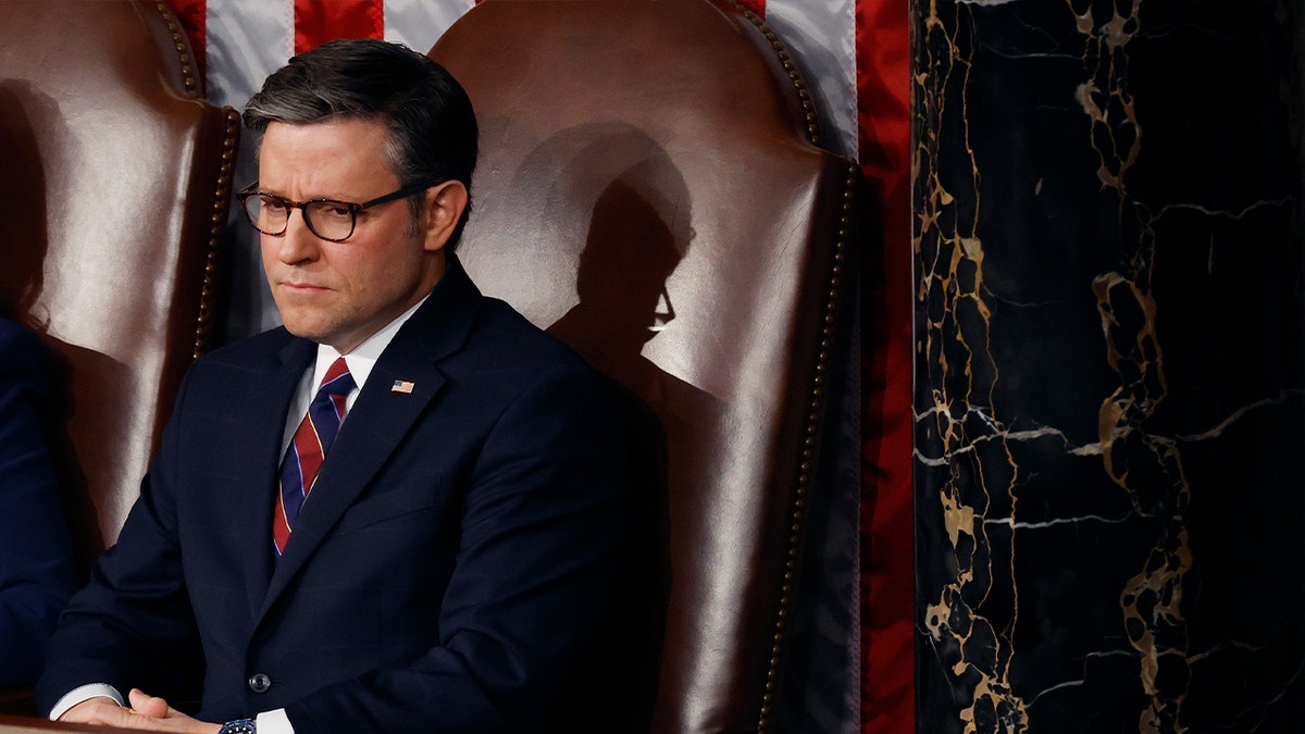 Mike Johnson sits during House floor meeting