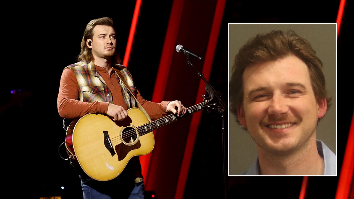 Morgan Wallen performs on stage, pictured in mugshot following arrest.